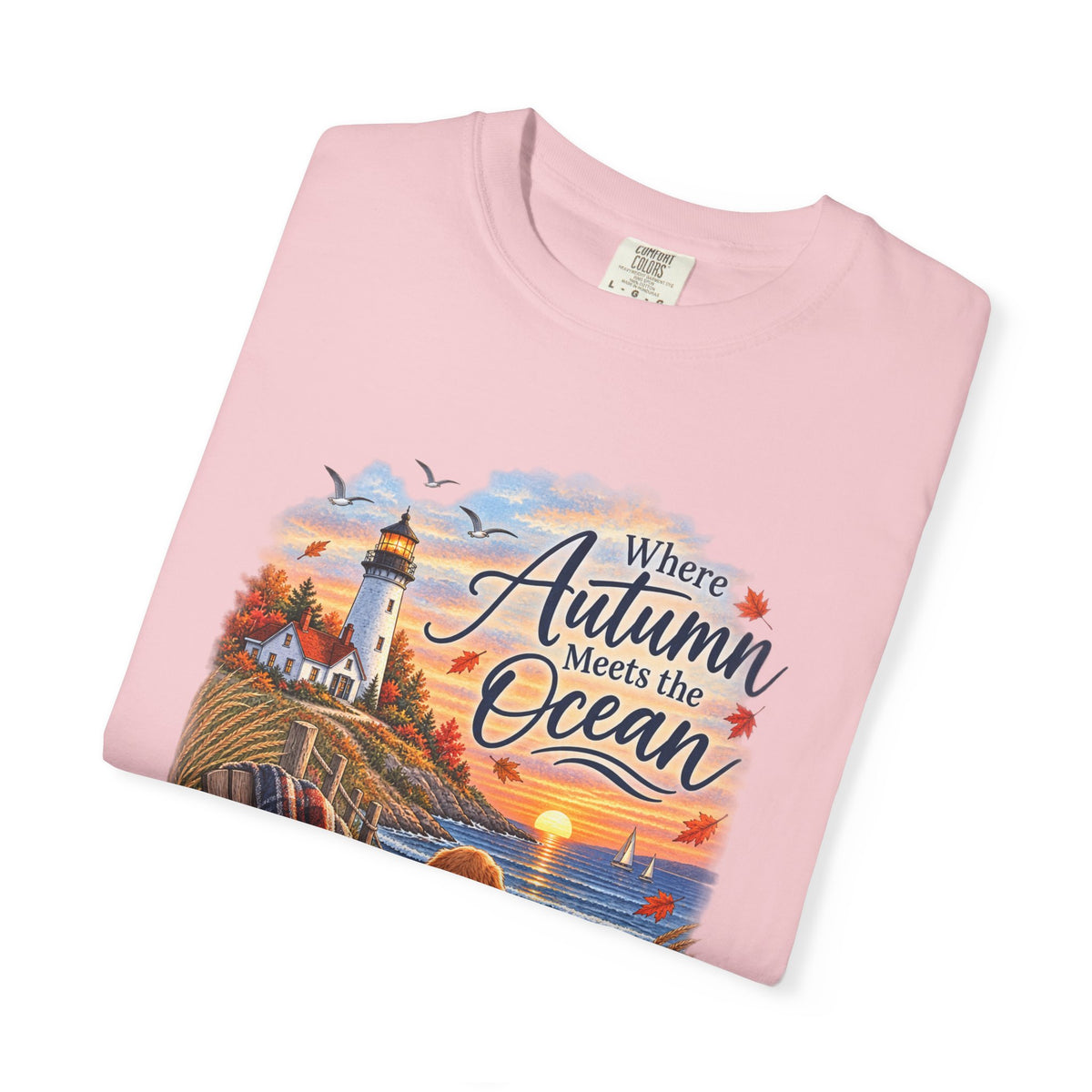 Autumn Meets the Ocean T-Shirt — Cozy Coastal Fall Tee with Golden Retriever
