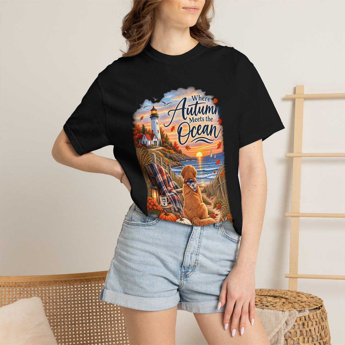 Autumn Meets the Ocean T-Shirt — Cozy Coastal Fall Tee with Golden Retriever