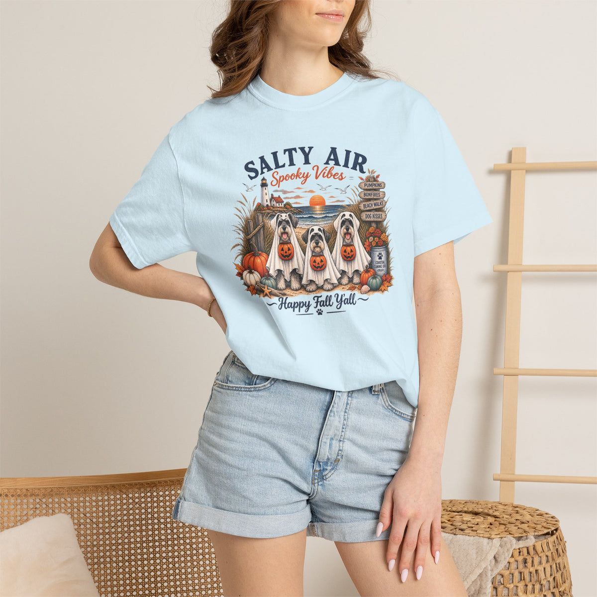 Salty Air Spooky Vibes Tee — Happy Fall Y'all Autumn Beach Ghosts T-Shirt