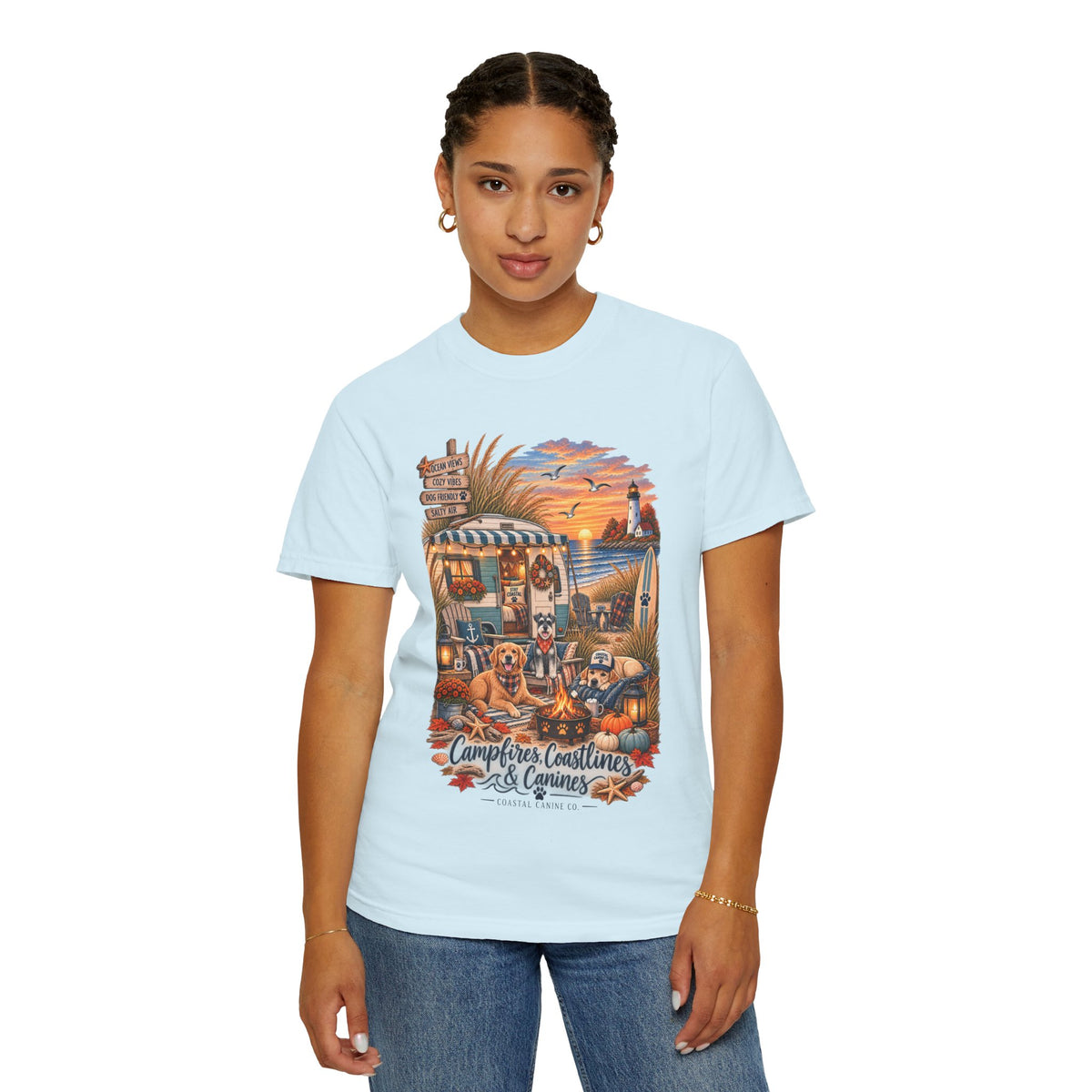 Campfires, Coastlines & Canines T-Shirt — Retro Camper Dog Camping Graphic Tee