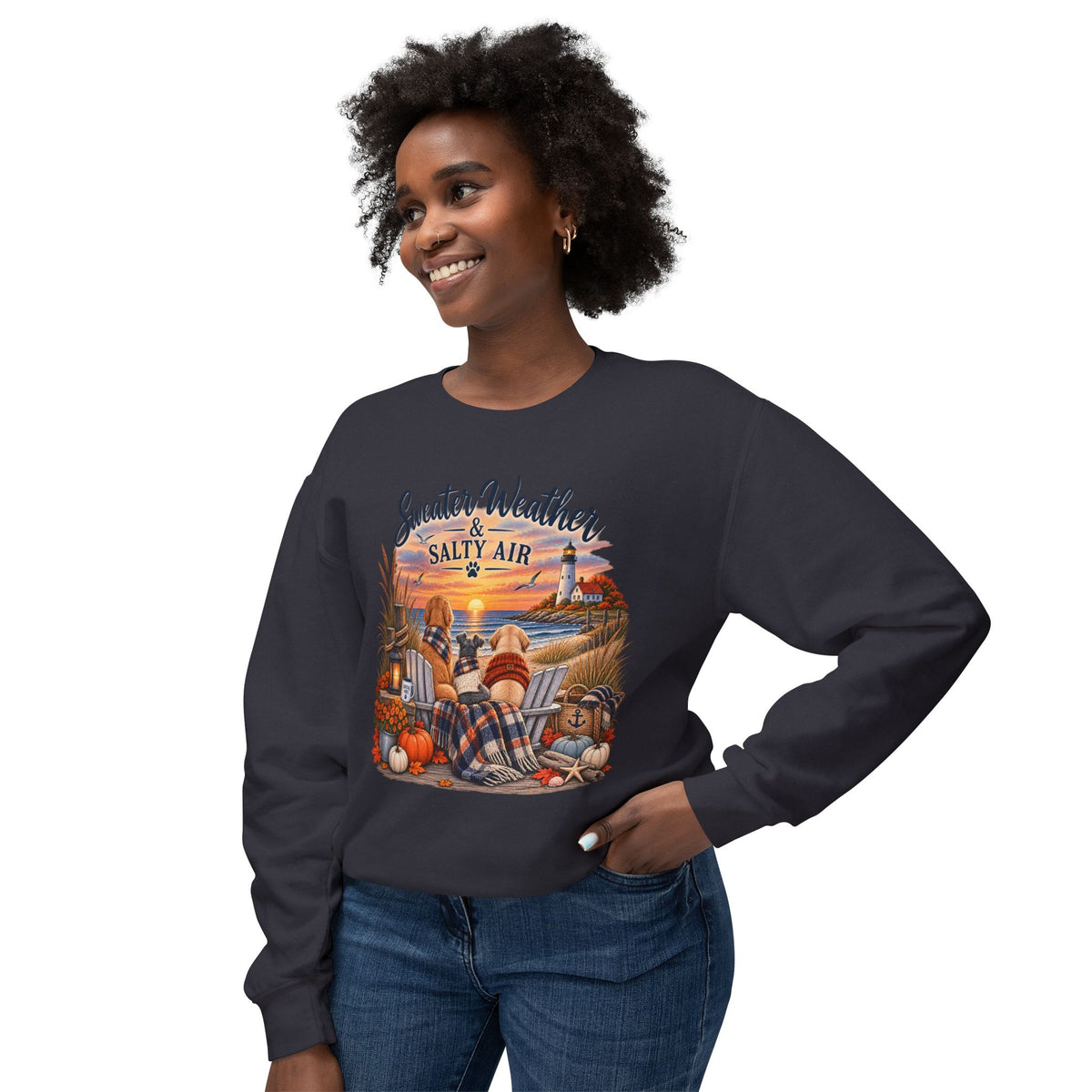 Sweater Weather & Salty Air Crewneck Sweatshirt — Coastal Fall Sunset Design