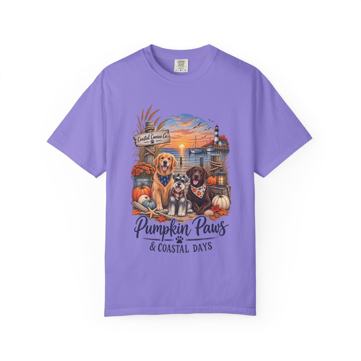 Pumpkin Paws & Coastal Days T-Shirt — Autumn Dogs by the Harbor