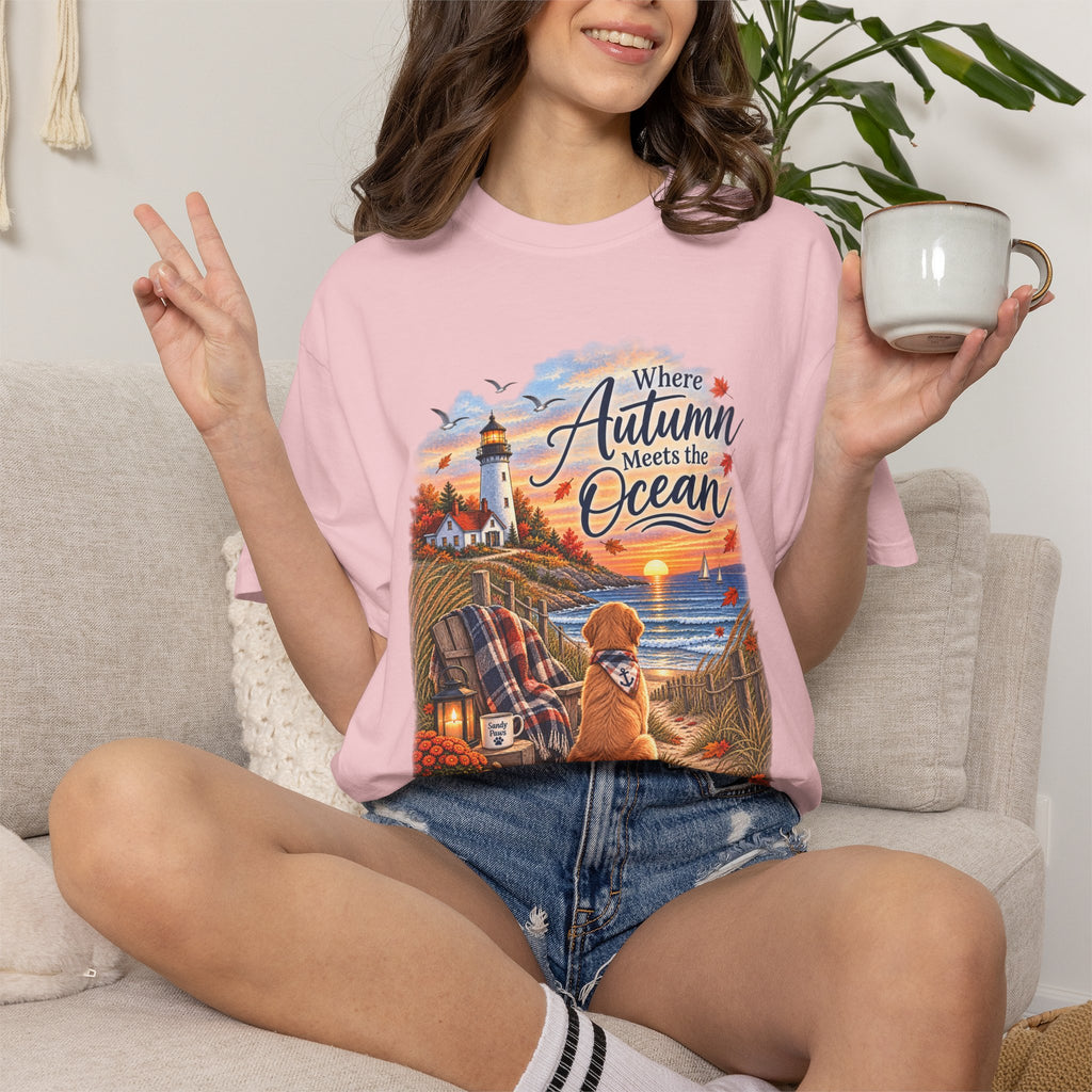 Autumn Meets the Ocean T-Shirt — Cozy Coastal Fall Tee with Golden Retriever