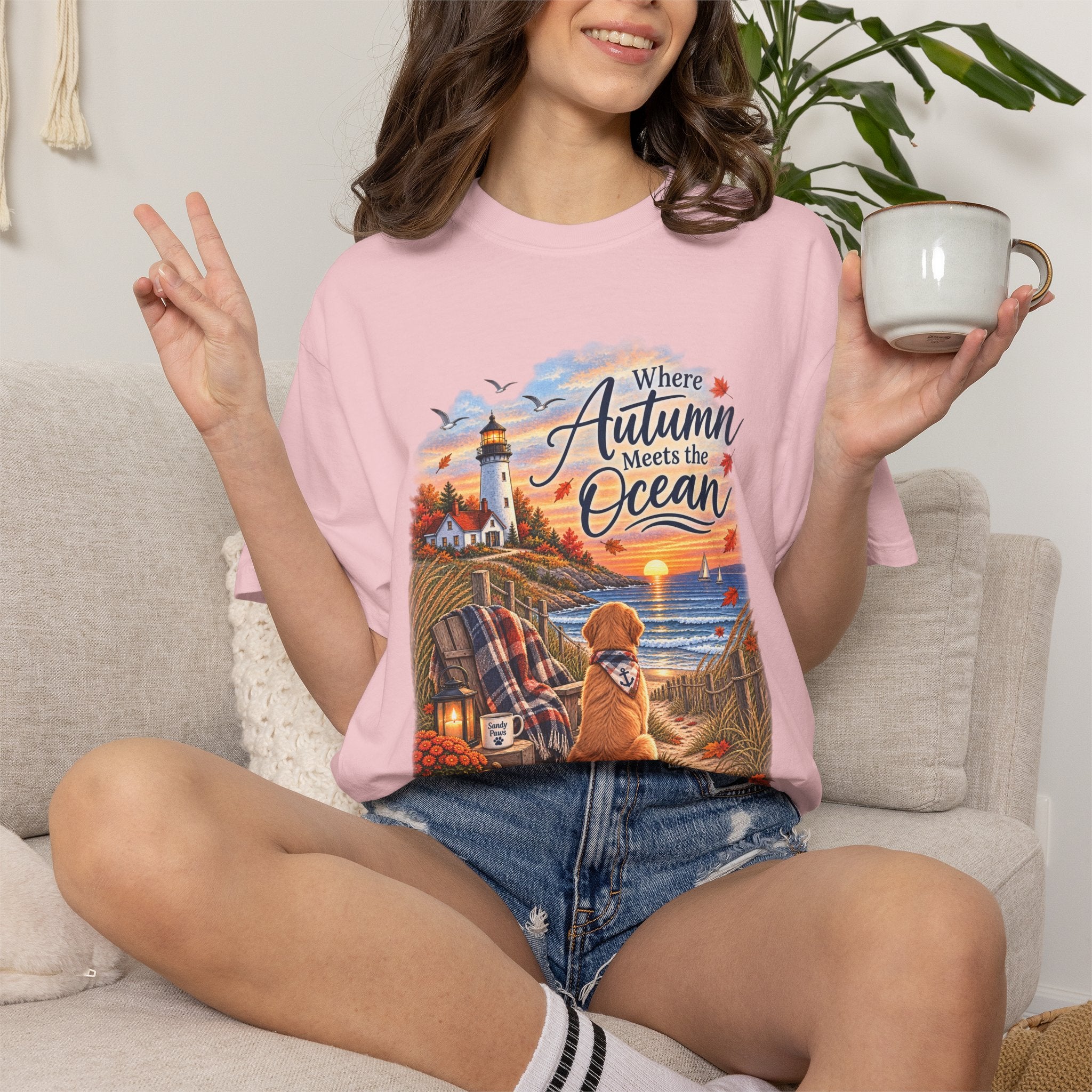 Autumn Meets the Ocean T-Shirt — Cozy Coastal Fall Tee with Golden Retriever