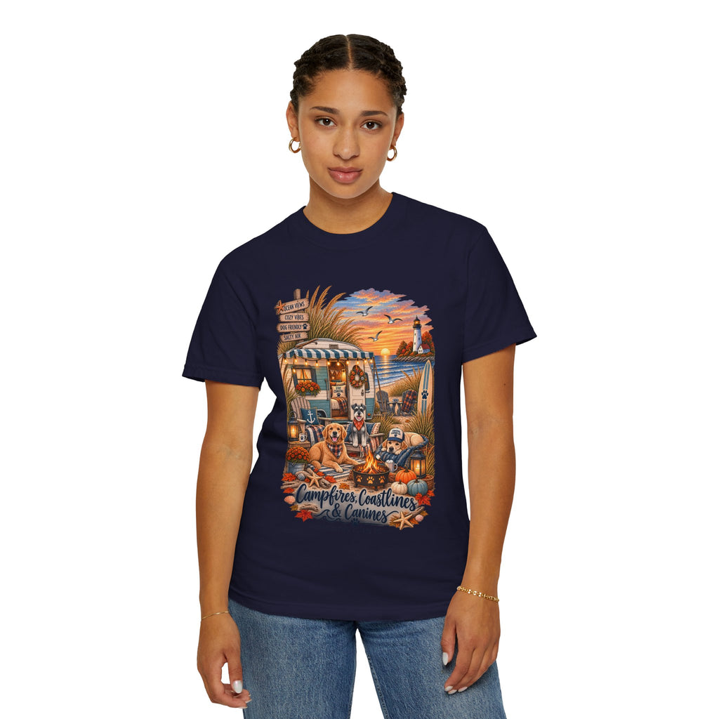 Campfires, Coastlines & Canines T-Shirt — Retro Camper Dog Camping Graphic Tee