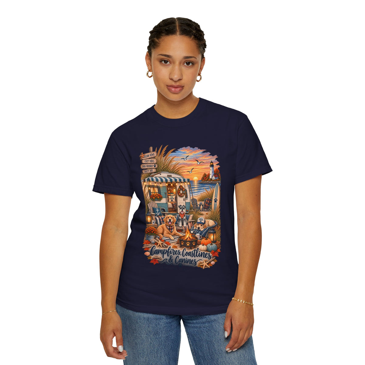 Campfires, Coastlines & Canines T-Shirt — Retro Camper Dog Camping Graphic Tee