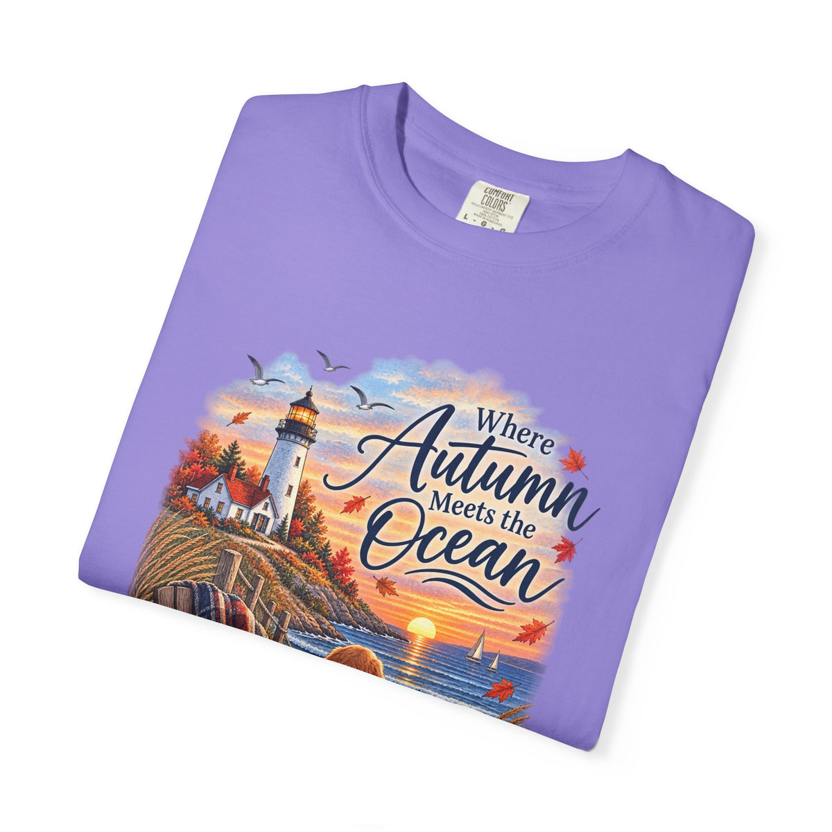 Autumn Meets the Ocean T-Shirt — Cozy Coastal Fall Tee with Golden Retriever