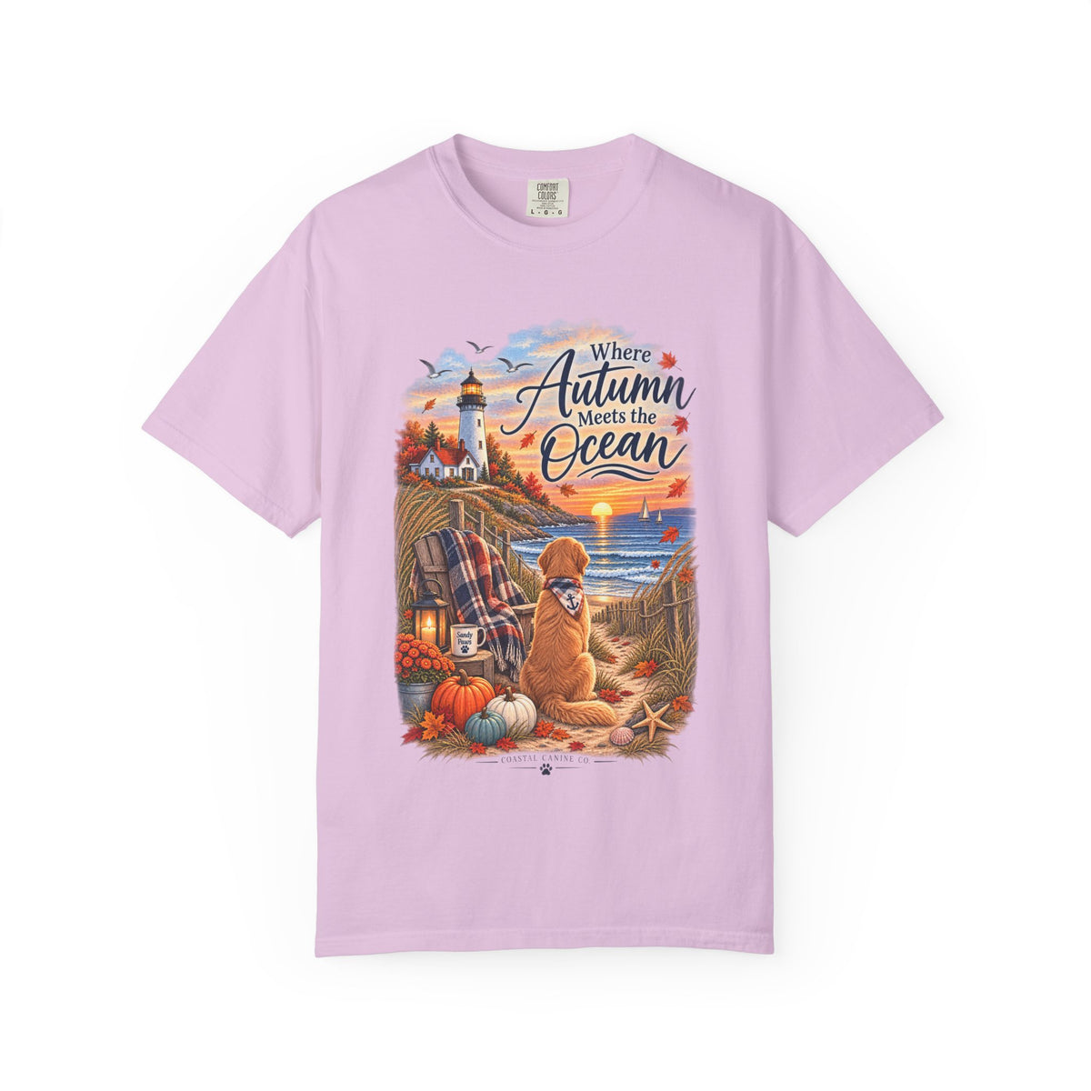 Autumn Meets the Ocean T-Shirt — Cozy Coastal Fall Tee with Golden Retriever