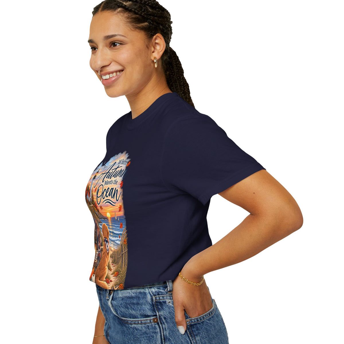 Autumn Meets the Ocean T-Shirt — Cozy Coastal Fall Tee with Golden Retriever