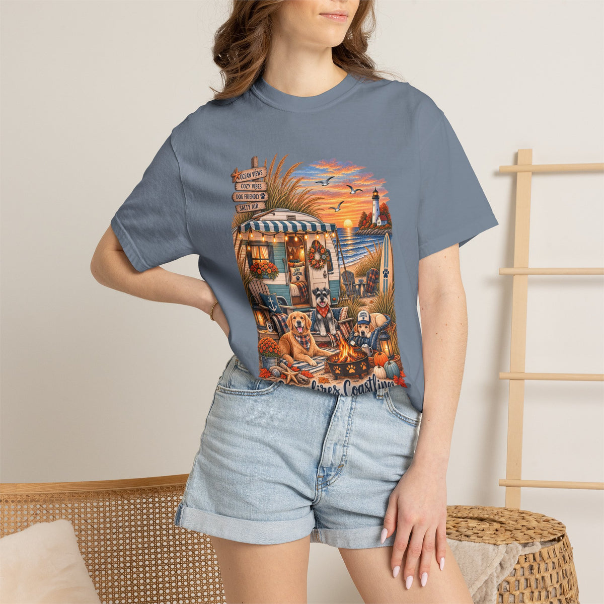 Campfires, Coastlines & Canines T-Shirt — Retro Camper Dog Camping Graphic Tee