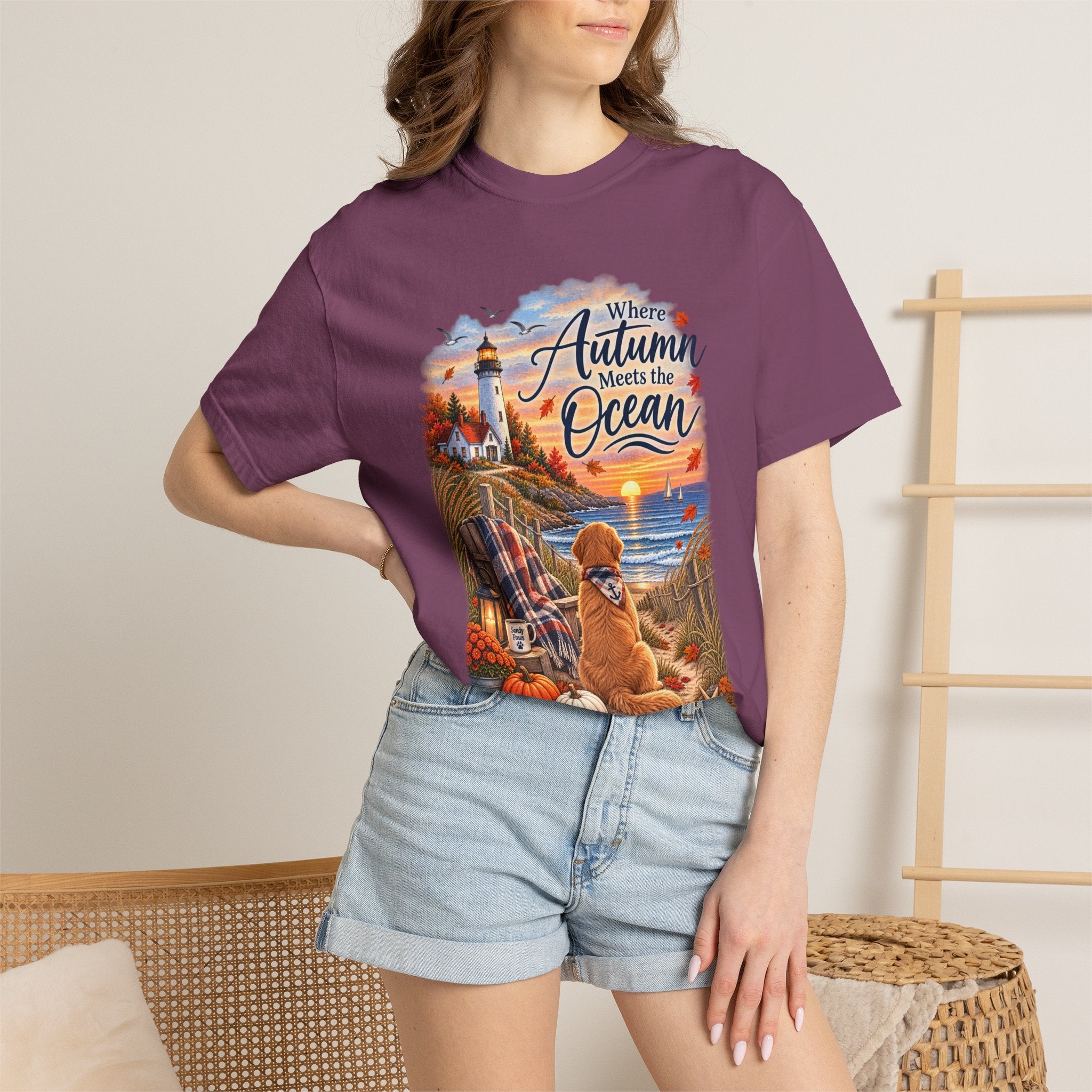 Autumn Meets the Ocean T-Shirt — Cozy Coastal Fall Tee with Golden Retriever