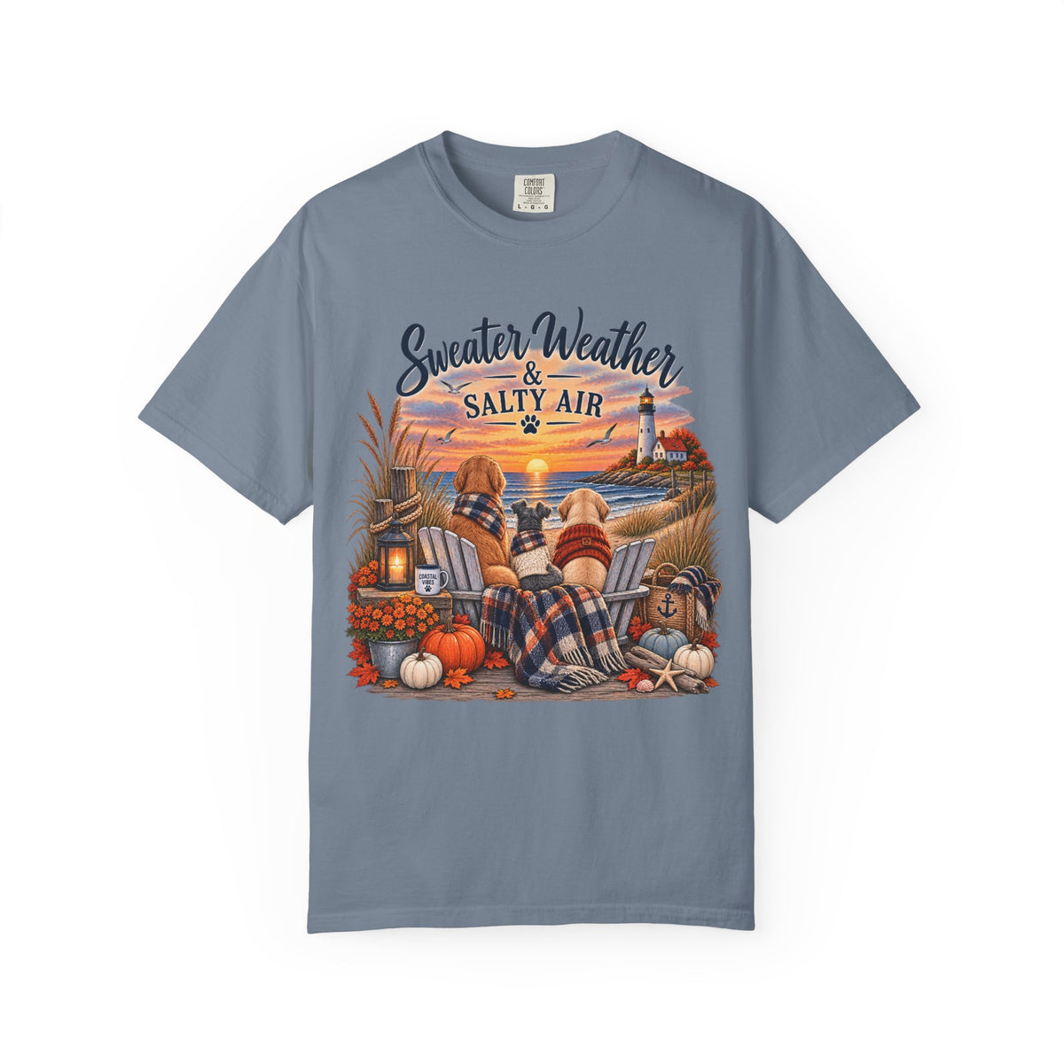Sweater Weather & Salty Air T-Shirt — Autumn Beach Sunset Graphic Tee
