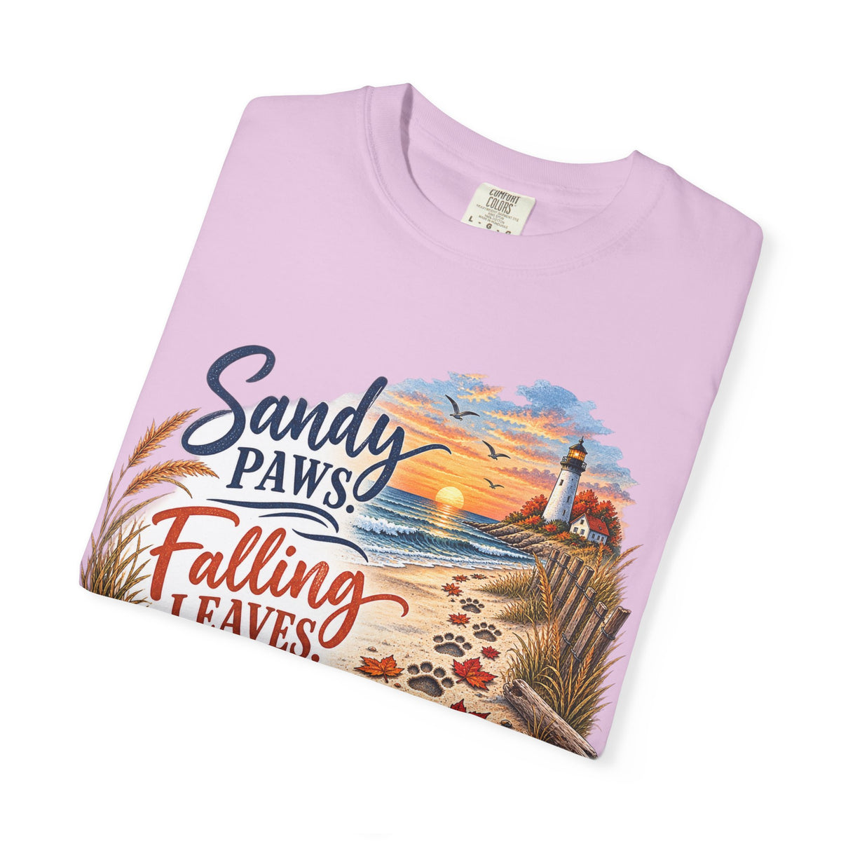 Sandy Paws Falling Leaves Beach T-Shirt — Autumn Coastal Dog Lover Tee
