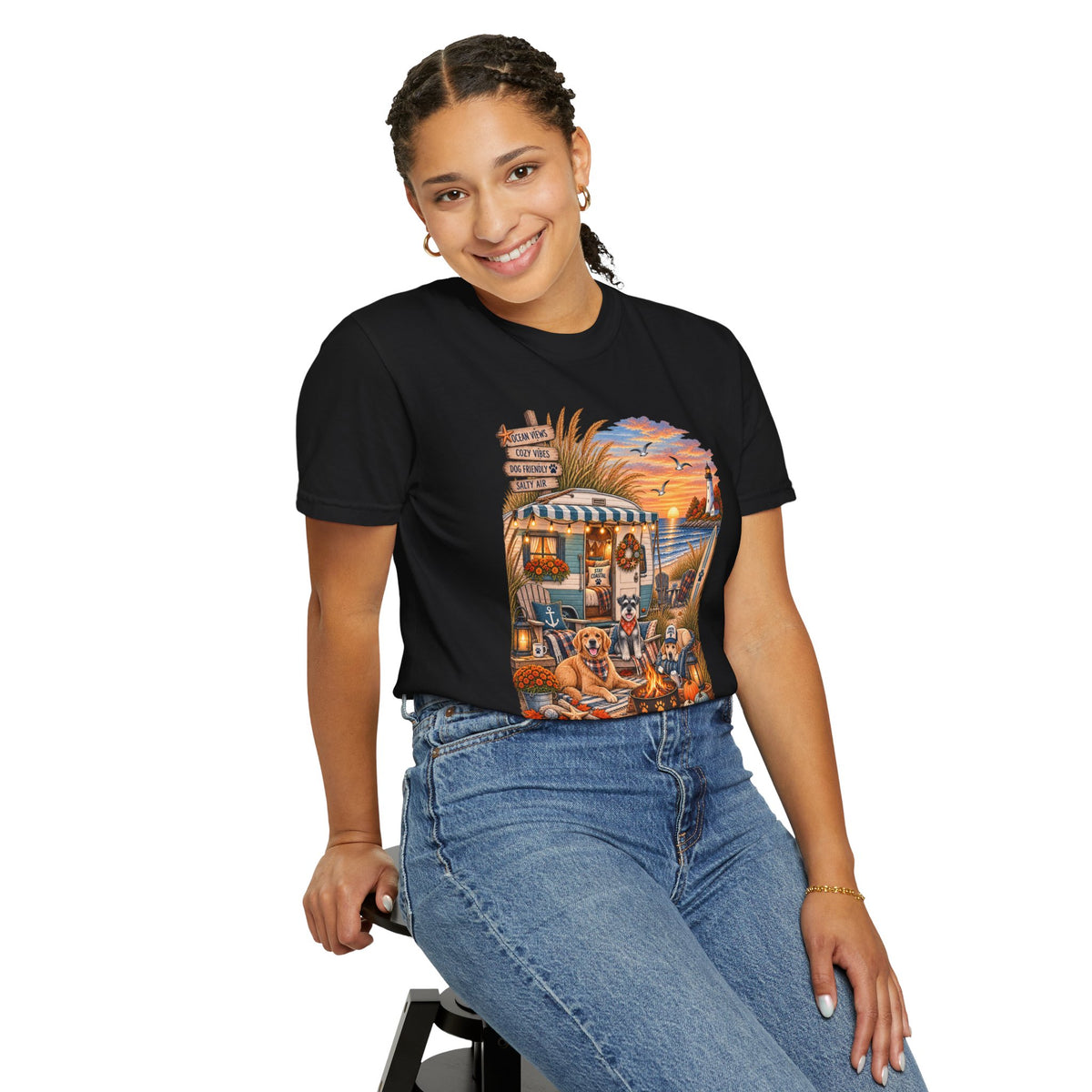 Campfires, Coastlines & Canines T-Shirt — Retro Camper Dog Camping Graphic Tee