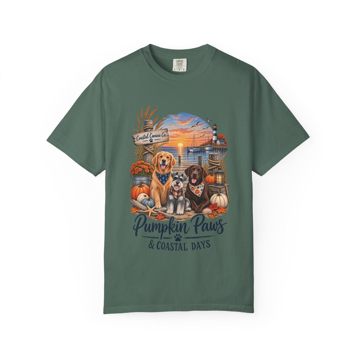 Pumpkin Paws & Coastal Days T-Shirt — Autumn Dogs by the Harbor
