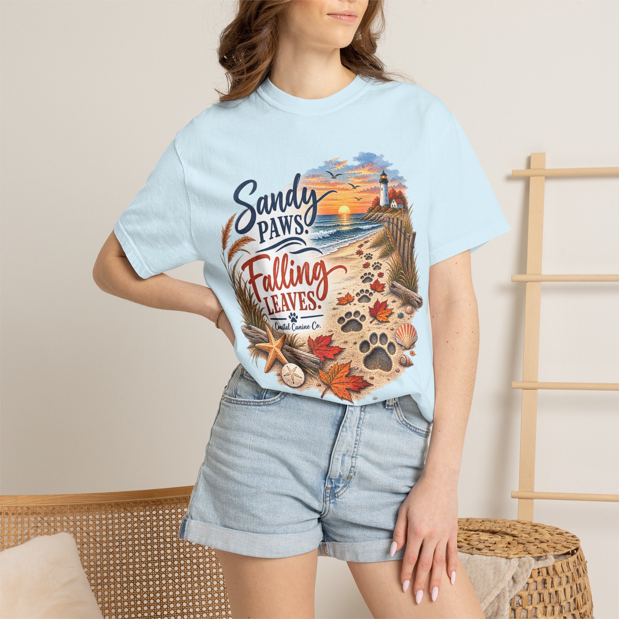 Sandy Paws Falling Leaves Beach T-Shirt — Autumn Coastal Dog Lover Tee