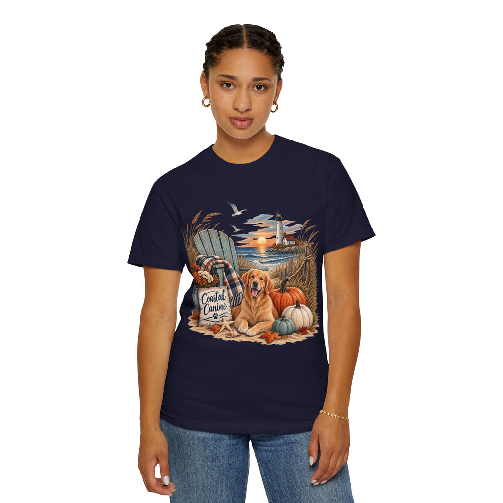 Coastal Canine Fall T-Shirt — Lighthouse, Labrador & Pumpkin Beach Tee