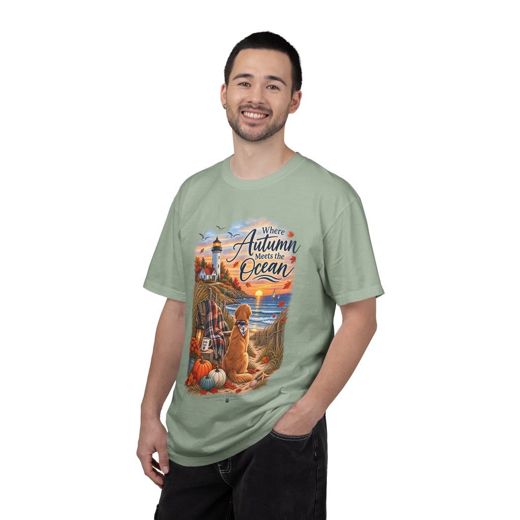 Autumn Meets the Ocean T-Shirt — Cozy Coastal Fall Tee with Golden Retriever