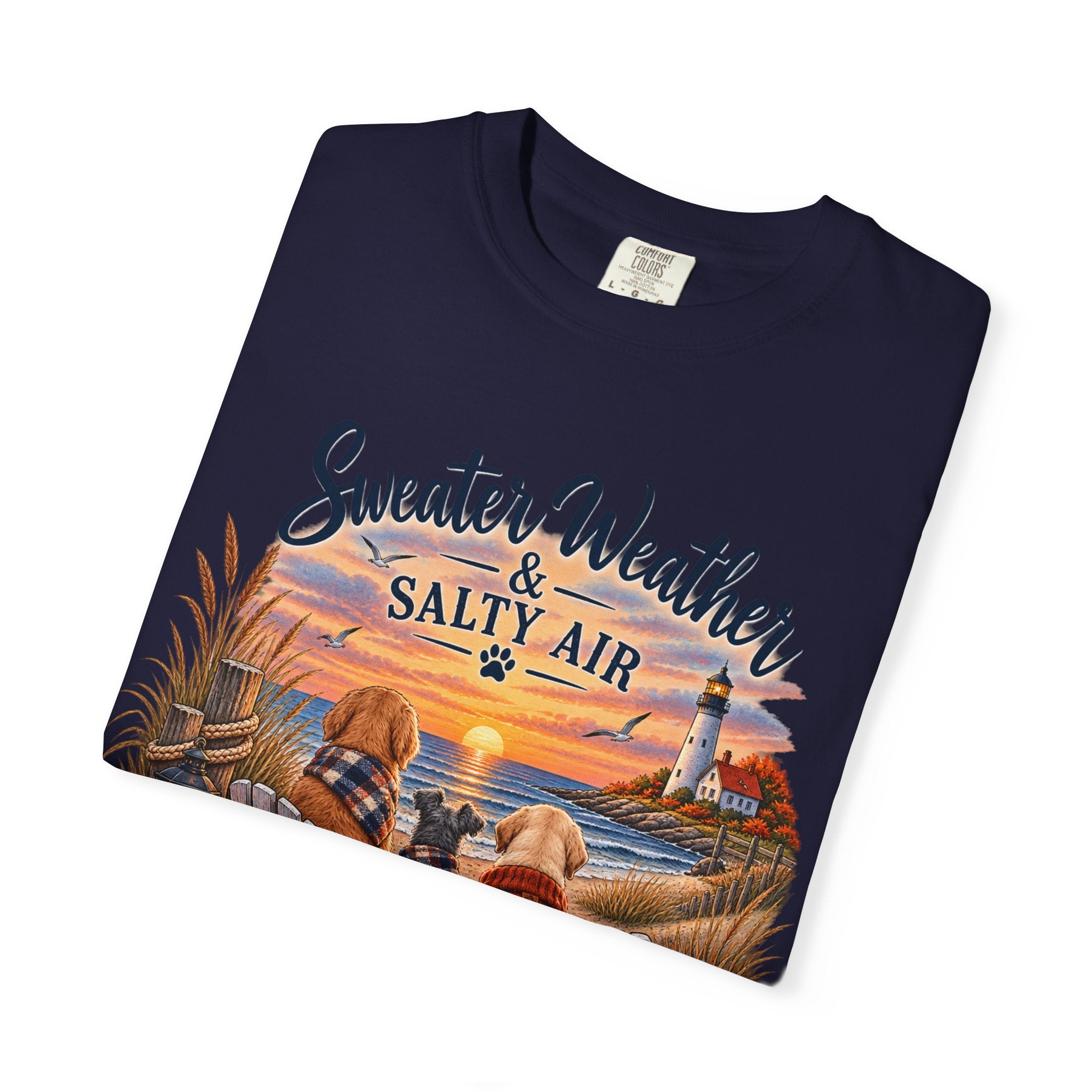 Sweater Weather & Salty Air T-Shirt — Autumn Beach Sunset Graphic Tee