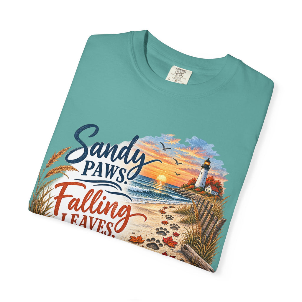 Sandy Paws Falling Leaves Beach T-Shirt — Autumn Coastal Dog Lover Tee