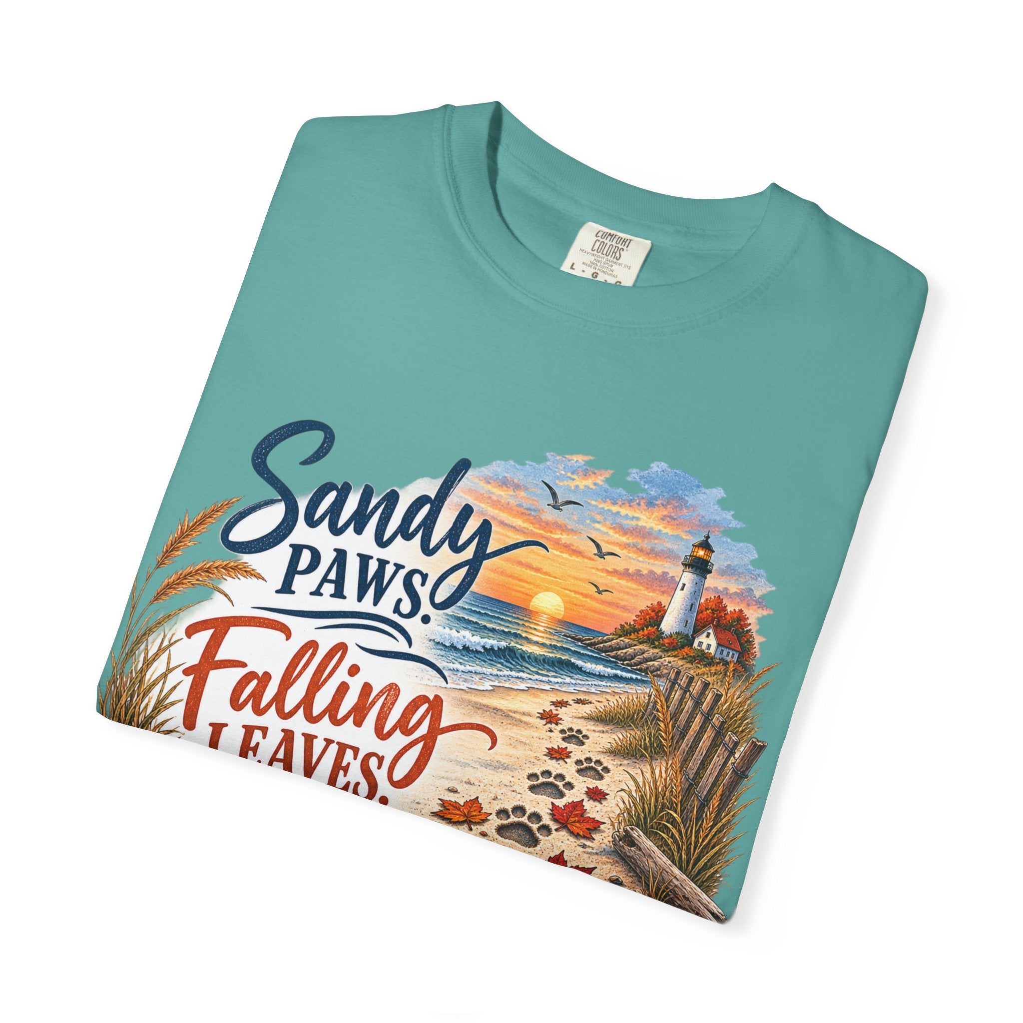 Sandy Paws Falling Leaves Beach T-Shirt — Autumn Coastal Dog Lover Tee