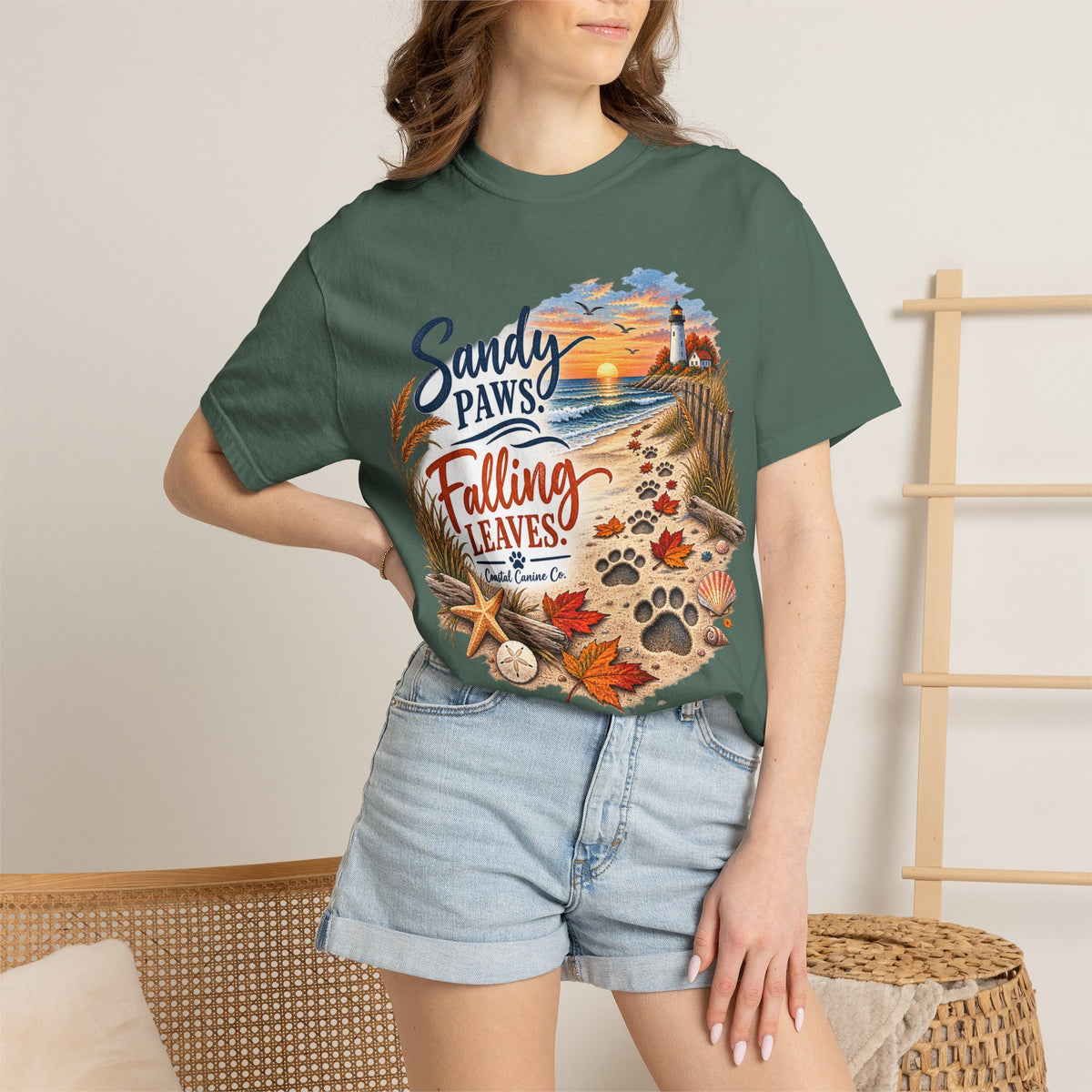 Sandy Paws Falling Leaves Beach T-Shirt — Autumn Coastal Dog Lover Tee