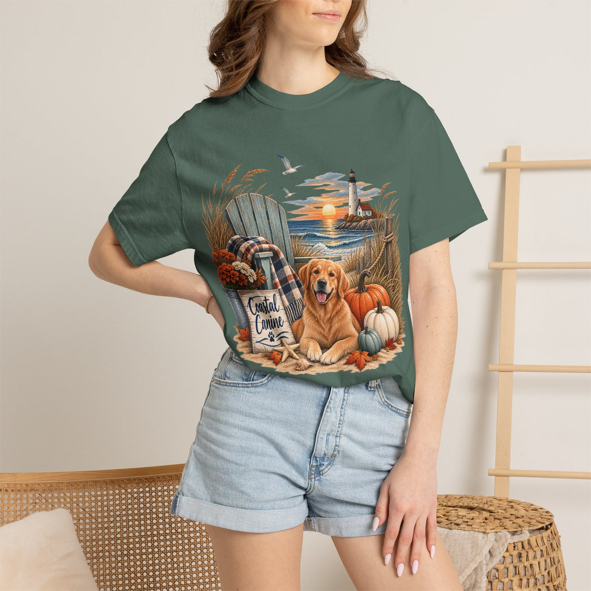 Coastal Canine Fall T-Shirt — Lighthouse, Labrador & Pumpkin Beach Tee