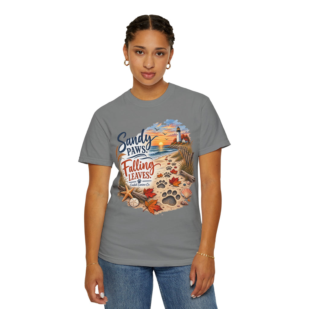 Sandy Paws Falling Leaves Beach T-Shirt — Autumn Coastal Dog Lover Tee