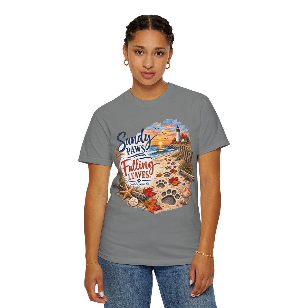 Sandy Paws Falling Leaves Beach T-Shirt — Autumn Coastal Dog Lover Tee