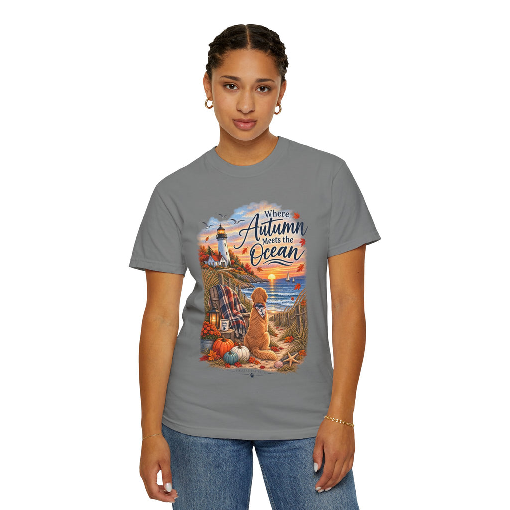 Autumn Meets the Ocean T-Shirt — Cozy Coastal Fall Tee with Golden Retriever