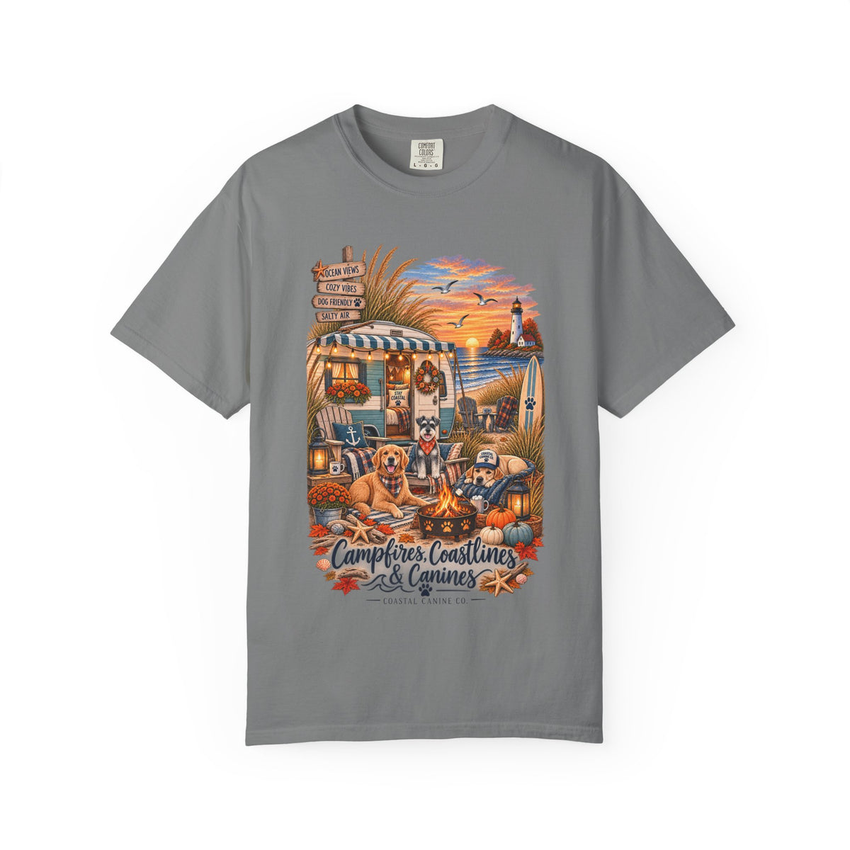 Campfires, Coastlines & Canines T-Shirt — Retro Camper Dog Camping Graphic Tee