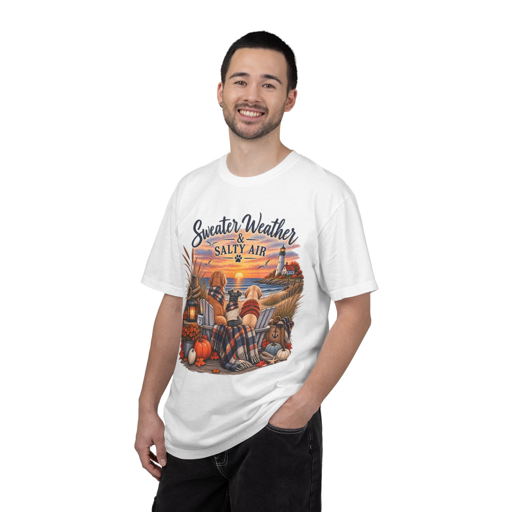 Sweater Weather & Salty Air T-Shirt — Autumn Beach Sunset Graphic Tee