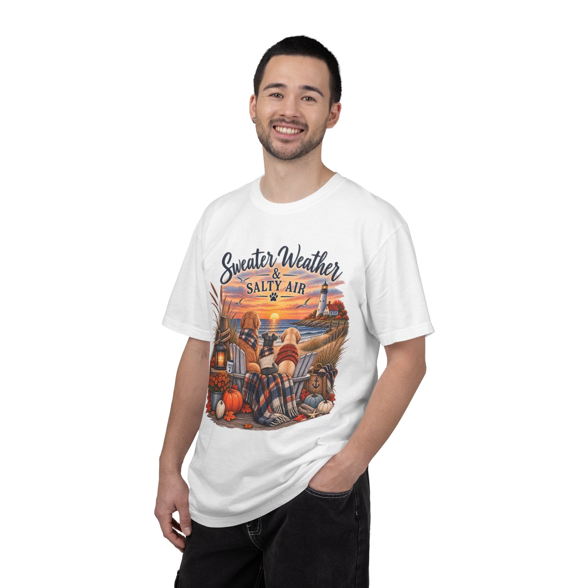 Sweater Weather & Salty Air T-Shirt — Autumn Beach Sunset Graphic Tee