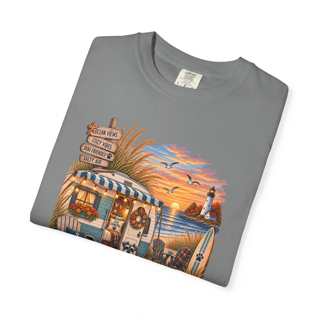 Campfires, Coastlines & Canines T-Shirt — Retro Camper Dog Camping Graphic Tee