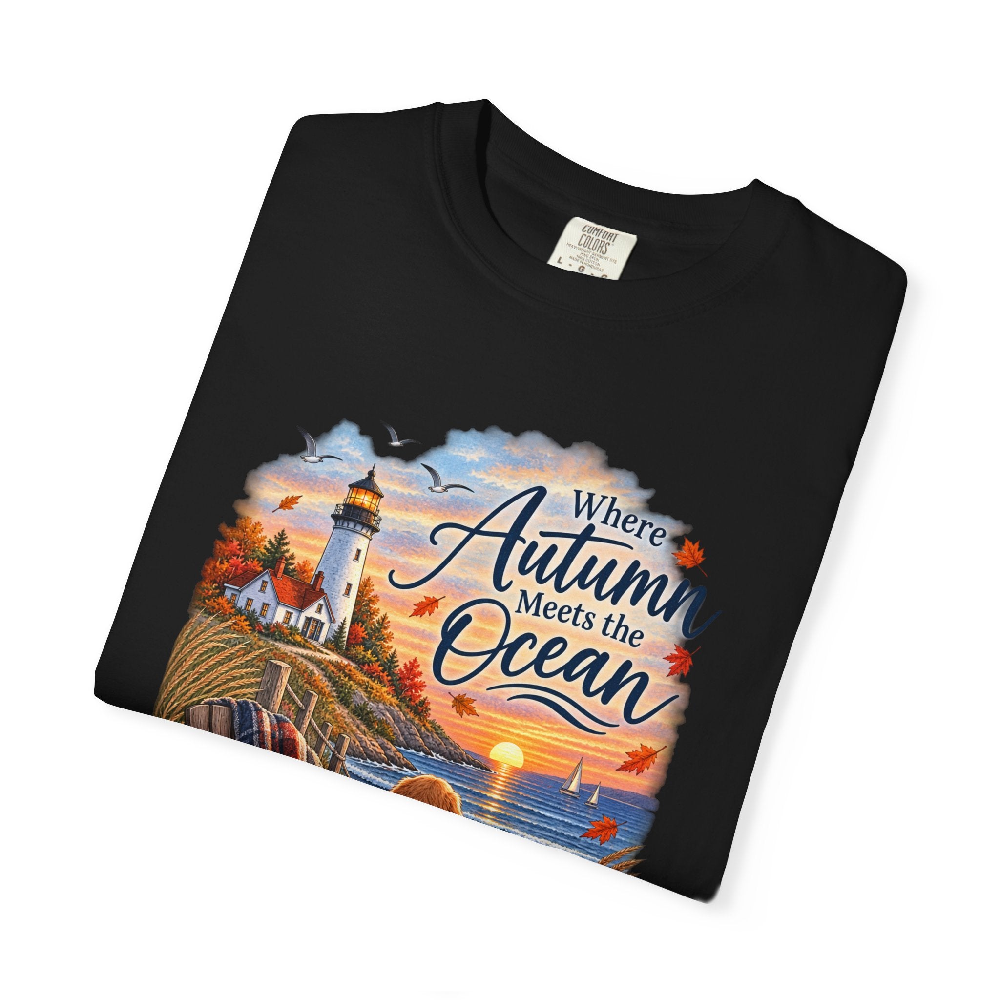 Autumn Meets the Ocean T-Shirt — Cozy Coastal Fall Tee with Golden Retriever