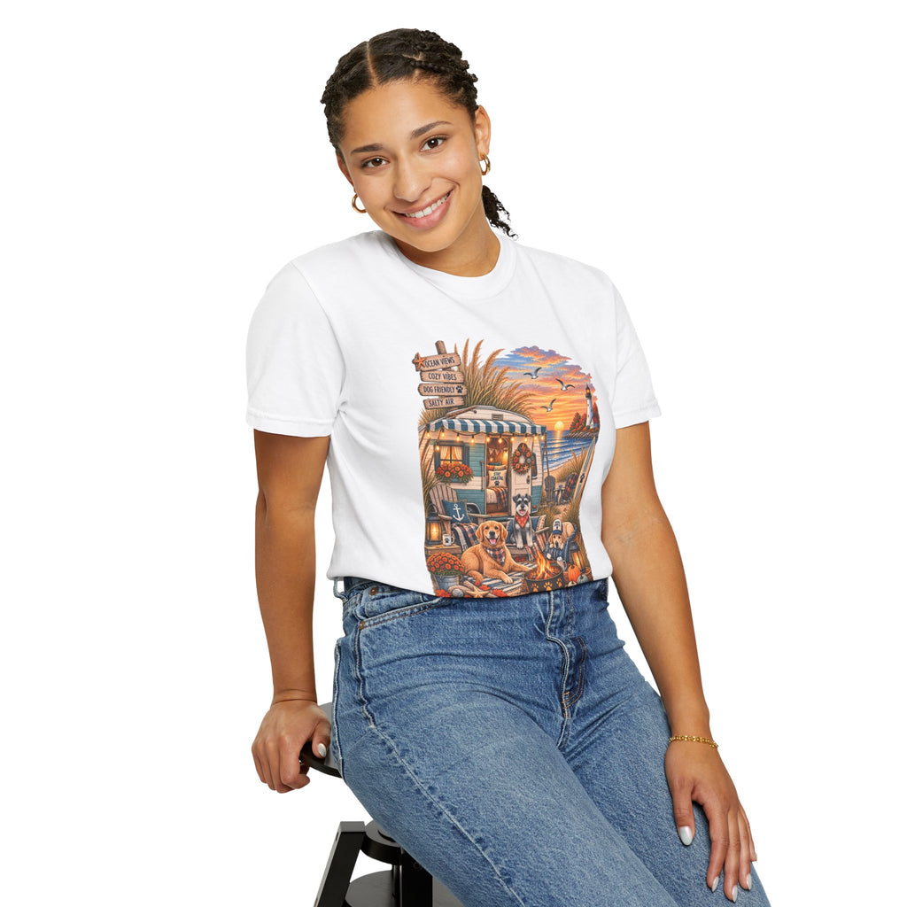 Campfires, Coastlines & Canines T-Shirt — Retro Camper Dog Camping Graphic Tee