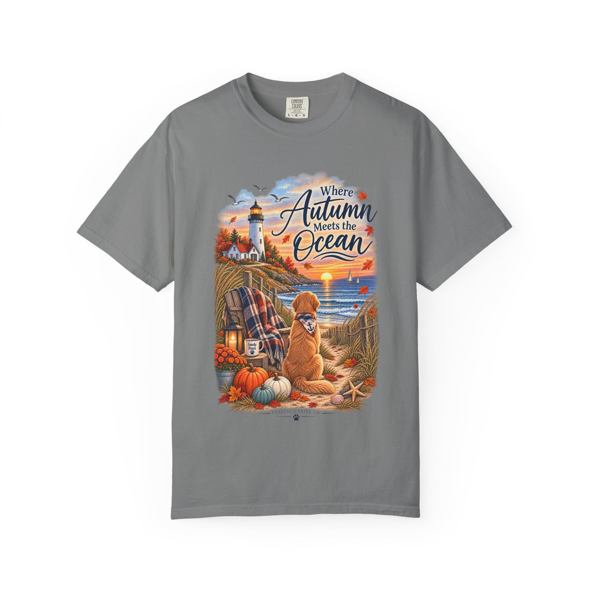 Autumn Meets the Ocean T-Shirt — Cozy Coastal Fall Tee with Golden Retriever
