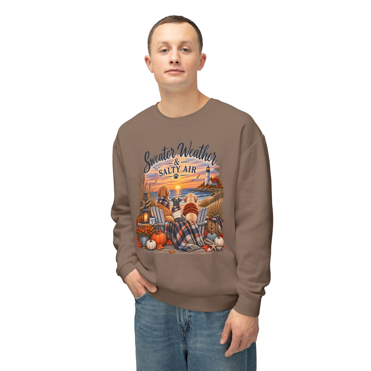 Sweater Weather & Salty Air Crewneck Sweatshirt — Coastal Fall Sunset Design