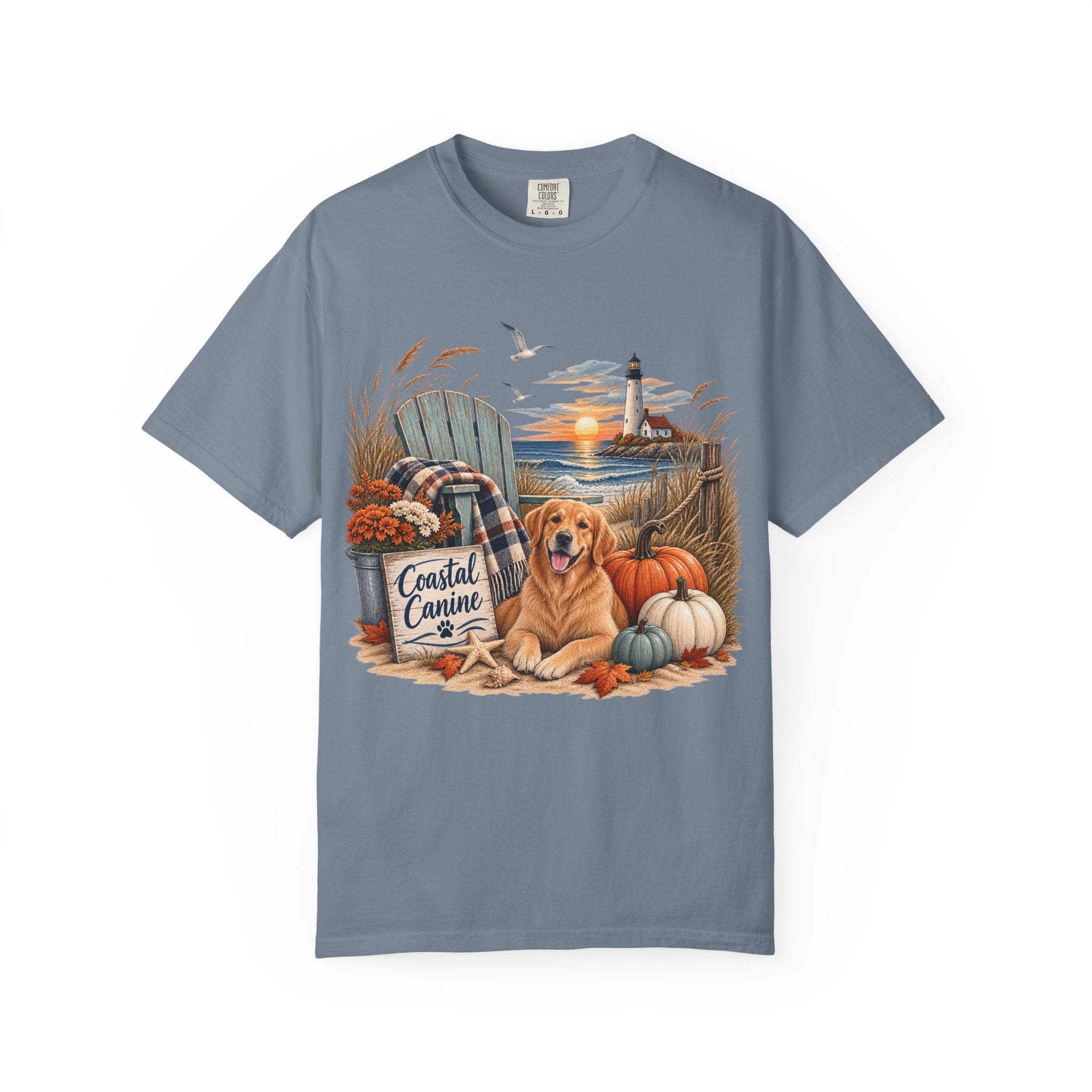Coastal Canine Fall T-Shirt — Lighthouse, Labrador & Pumpkin Beach Tee