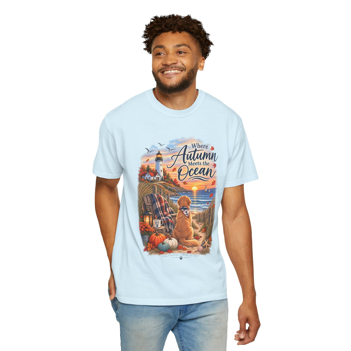 Autumn Meets the Ocean T-Shirt — Cozy Coastal Fall Tee with Golden Retriever