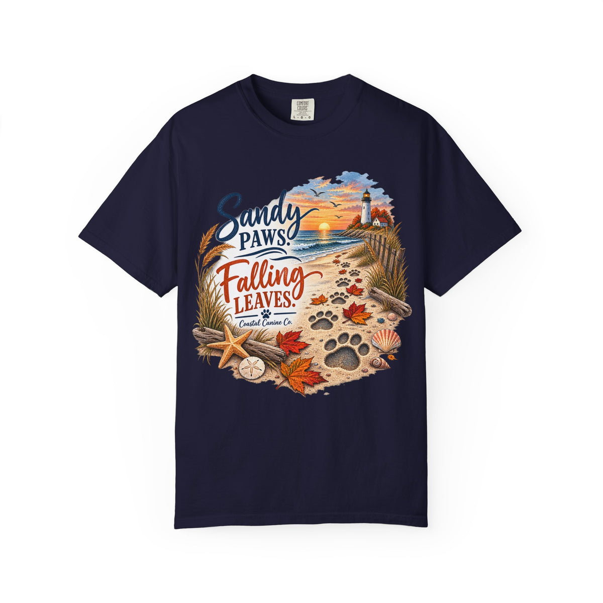 Sandy Paws Falling Leaves Beach T-Shirt — Autumn Coastal Dog Lover Tee