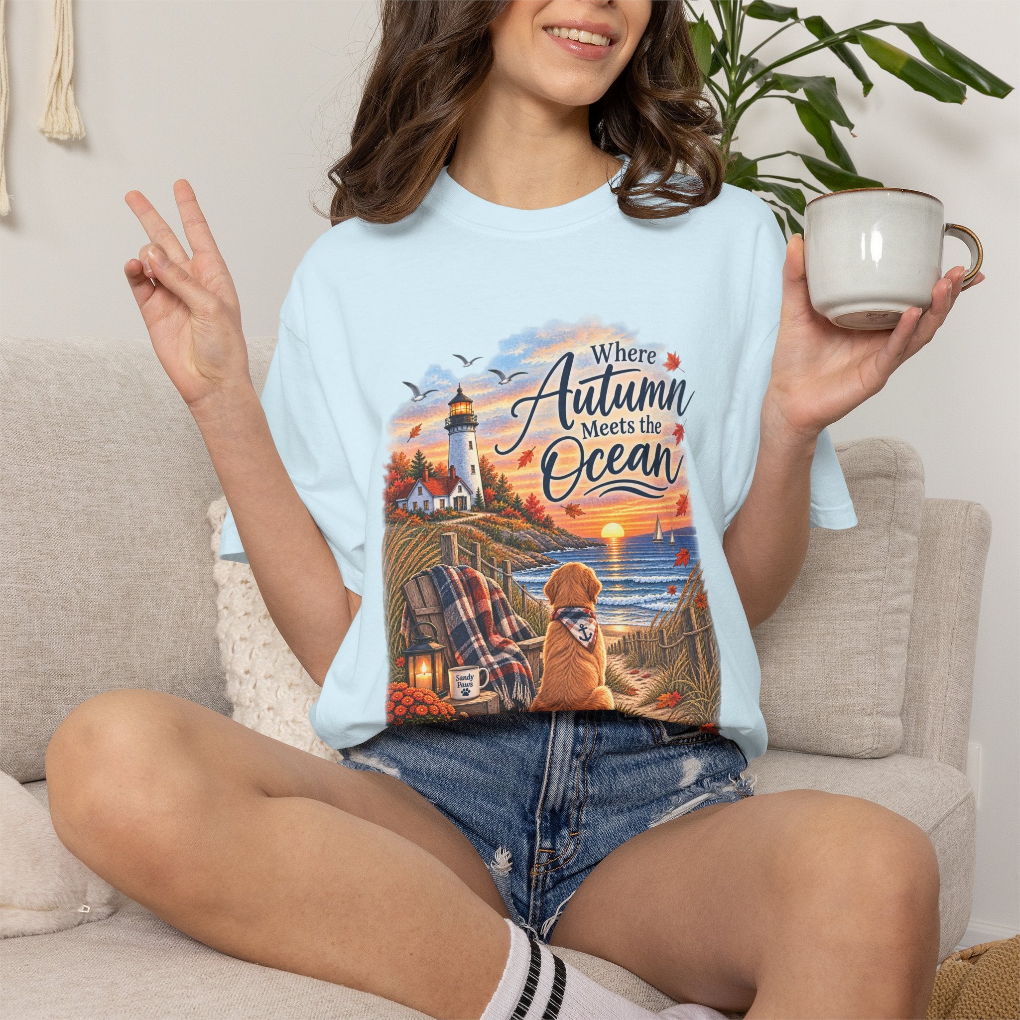 Autumn Meets the Ocean T-Shirt — Cozy Coastal Fall Tee with Golden Retriever