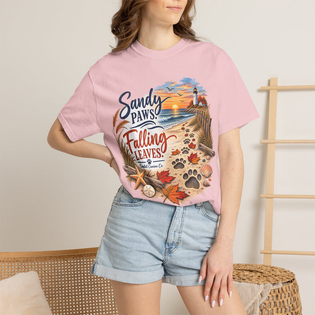 Sandy Paws Falling Leaves Beach T-Shirt — Autumn Coastal Dog Lover Tee