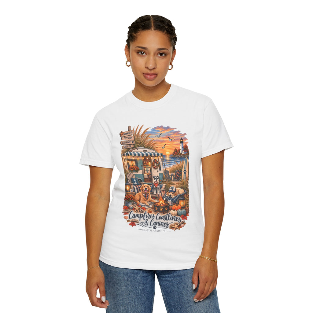 Campfires, Coastlines & Canines T-Shirt — Retro Camper Dog Camping Graphic Tee