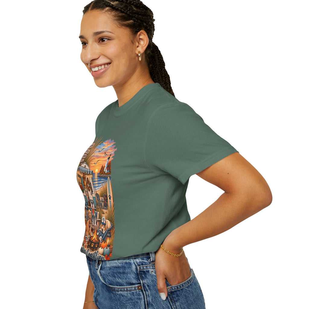 Campfires, Coastlines & Canines T-Shirt — Retro Camper Dog Camping Graphic Tee