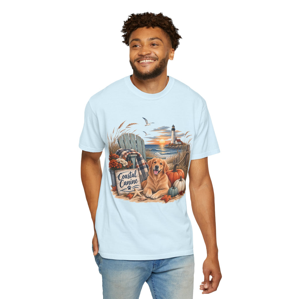 Coastal Canine Fall T-Shirt — Lighthouse, Labrador & Pumpkin Beach Tee