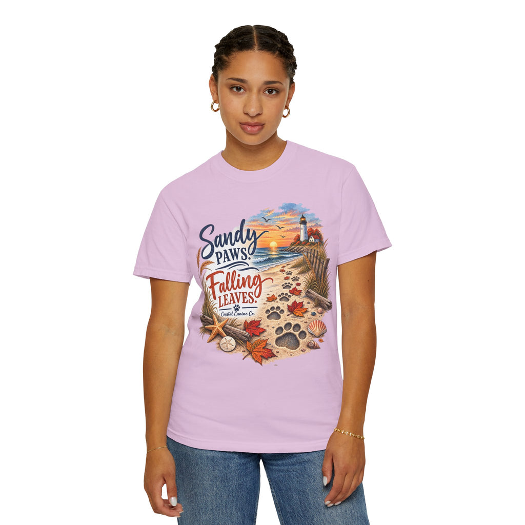 Sandy Paws Falling Leaves Beach T-Shirt — Autumn Coastal Dog Lover Tee