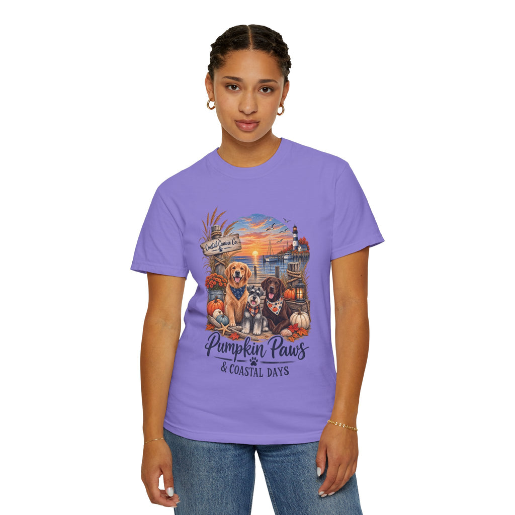 Pumpkin Paws & Coastal Days T-Shirt — Autumn Dogs by the Harbor