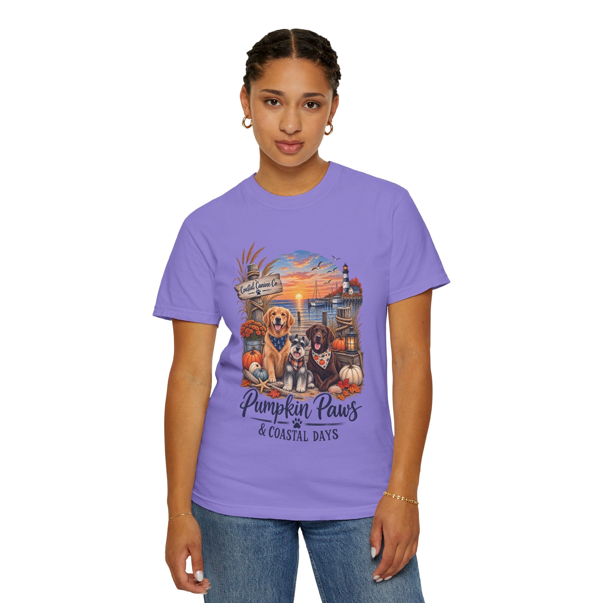 Pumpkin Paws & Coastal Days T-Shirt — Autumn Dogs by the Harbor