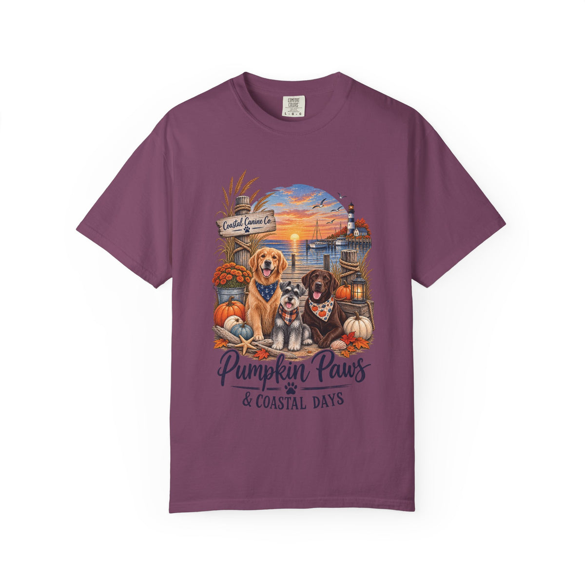 Pumpkin Paws & Coastal Days T-Shirt — Autumn Dogs by the Harbor